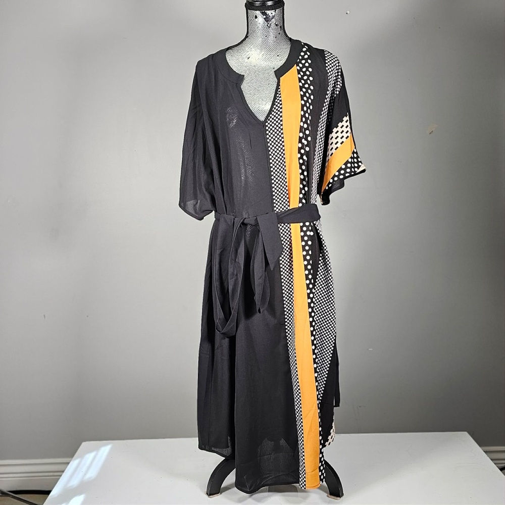 NWOT BloomChic Black and Mustard Polka Dot Panel Dress with Belt